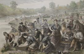 M. W. Ridley `Sunday Morning with the Hop-Pickers` A coloured engraving Titled lower centre 31.5cm x