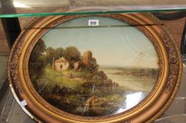 Victorian School Figures by an estuary Painting on glass Convex oval 32cm x 40cm; Victorian School