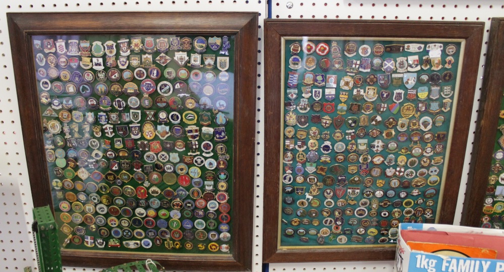 Bowling - Approximately 1500 enamel and other bowling club badges, arranged in six framed and glazed