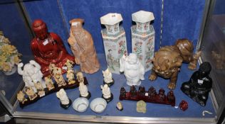 A pair of hexagonal Chinese vases, a china dog of fo model, four faux ivory Chinese figures, mixed