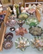 A mixed quantity of carnival glass items of predominately green colour, including six dishes