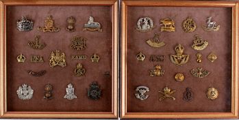 A Collection of Regimetal Metal Insignia - Cap Badges, mounted for display, framed and glazed, (2).