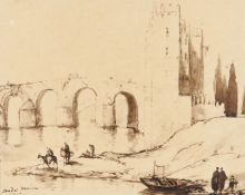 André Maire (1898-1985) Medieval bridge and towers in France, Ink and wash on paper Signed and dated