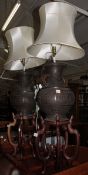 A pair of modern Oriental brass urn lamps on hardwood stands (sold as parts ) 126cm high