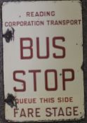 A Reading Corporation Transport double-sided enamel Bus Stop sign, 42.5cm x 28.5cm.