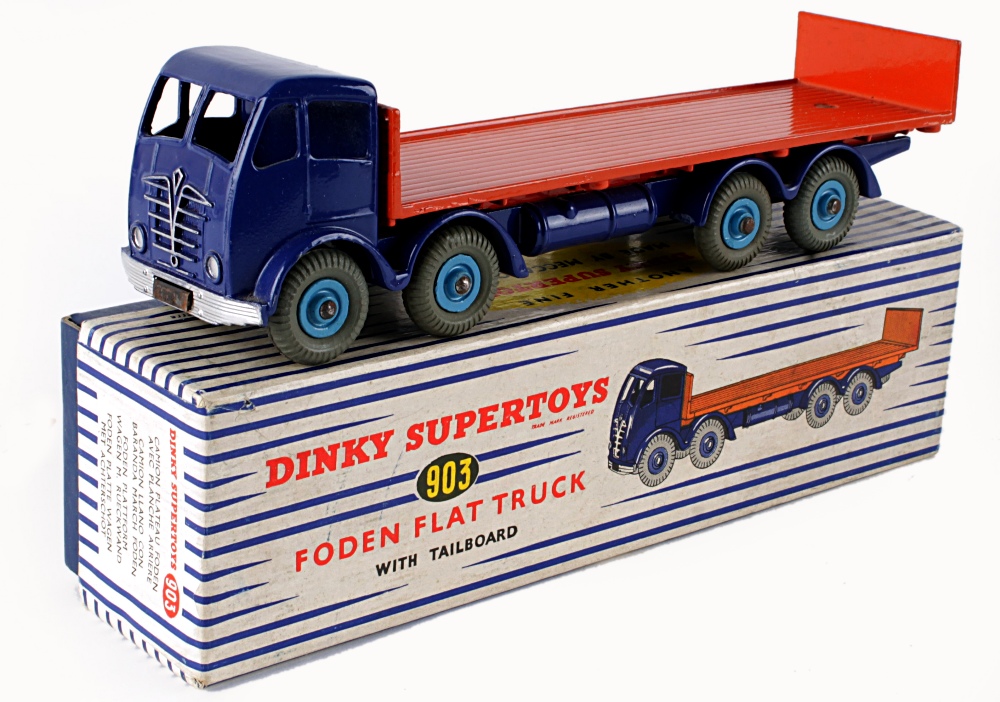 A Dinky No.903, Foden Flat Truck with Tailboard, second type cab, dark blue with an orange rear