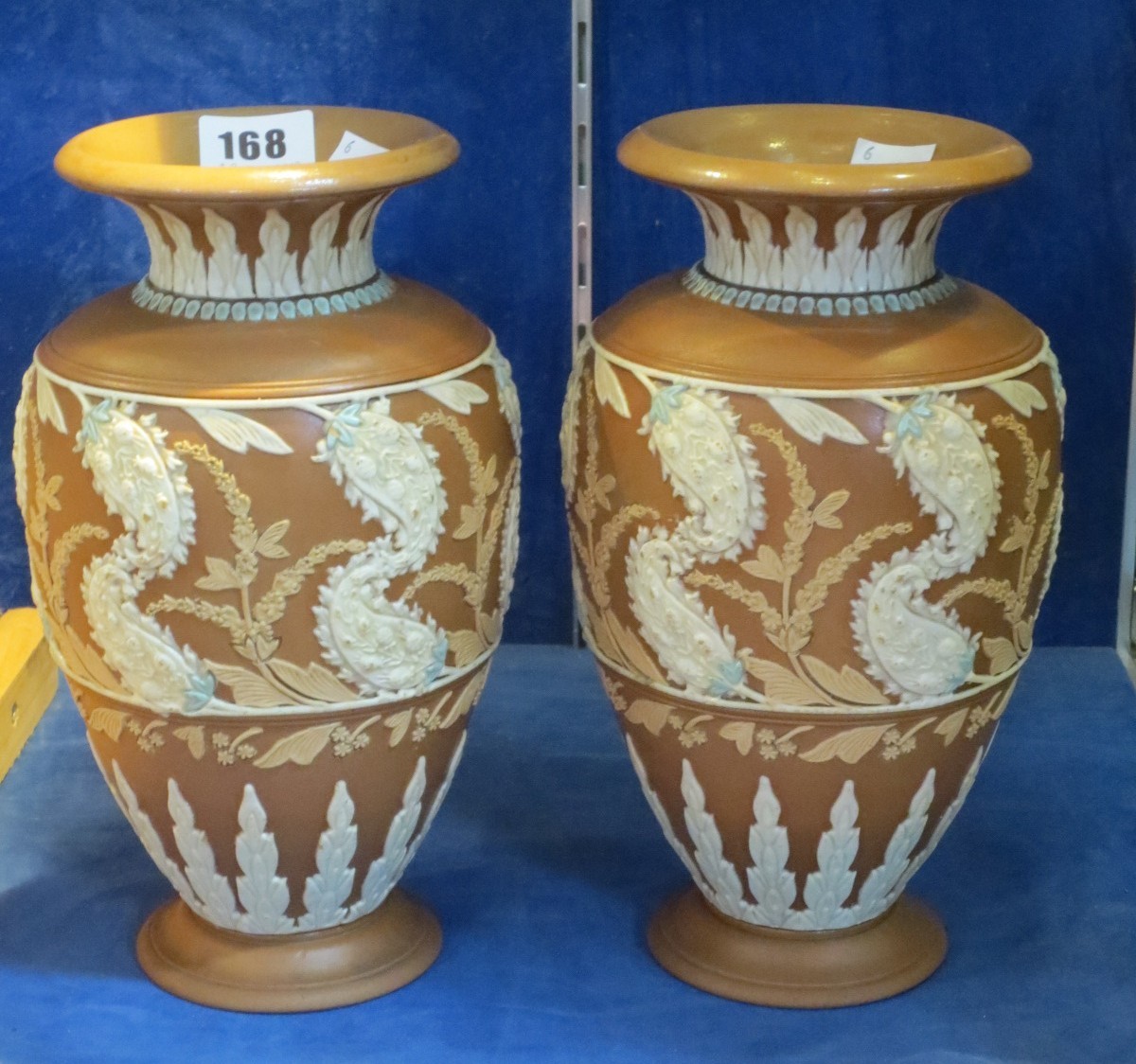 A pair Doulton Lambeth silicon moulded vases ; approx 24cm high .