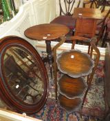 A mixed lot to include a cakestand, oval mirror, tripod table and a torchere stand (4)