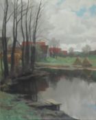 Albert Stagura (1866-1947) Landscape with farm buildings by a pond Pastel Signed and dated 1920