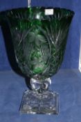 A large green and clear cut glass vase; approximately 29cm high, a similar blue and clear glass bowl