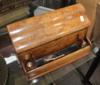 A Victoria walnut desk top stationary box with hinged front over a fitted interior .