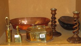 A pair of turned candle sticks together with a selection of brass and copper items etc.