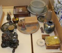 A bronze model of a seated Japanese man drinking, a Mary tin, an iridescent glass vase (possibly