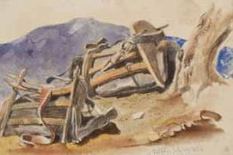 Cromek (Thomas Hartley, 1809-1873) Delphi, a study of two saddles resting under a tree,