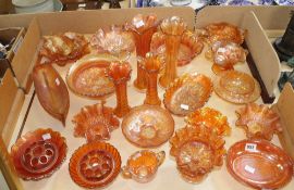 A mixed quantity of Marigold coloured Carnival glass including various dishes, bowls, vases and a