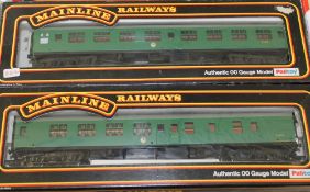 OO gauge - Nine Mainline B.R. (S.R.) coaches, green livery, each boxed.