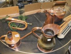 Two studded copper log bins, a Victorian copper kettle and other pieces of copper ware including a