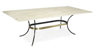 A simulated marble and black painted metal dining table, of recent manufacture, rectangular top with