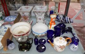 A mixed quantity of Bristol Blue glass ware, a pair of armorial vases, a Chinese bowl and a late