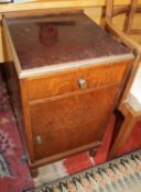 An oak bedside cabinet, stamped MORRIS MADE GLASGOW, a Victorian stool with needlework top and an