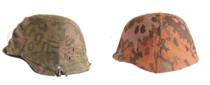 Two Second World War German Helmet Shells, with Waffen-SS Camo Covers Autumn & Spring Patterns,