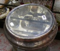 Two brass preserve pans and a Walker and Hall plated cake stand