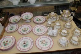 An English porcelain Rococo Revival part tea set, together with pink desert service, handpainted