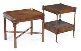 A Victorian mahogany commode, two two-tier tables in Regency style, a rectangular coffee table