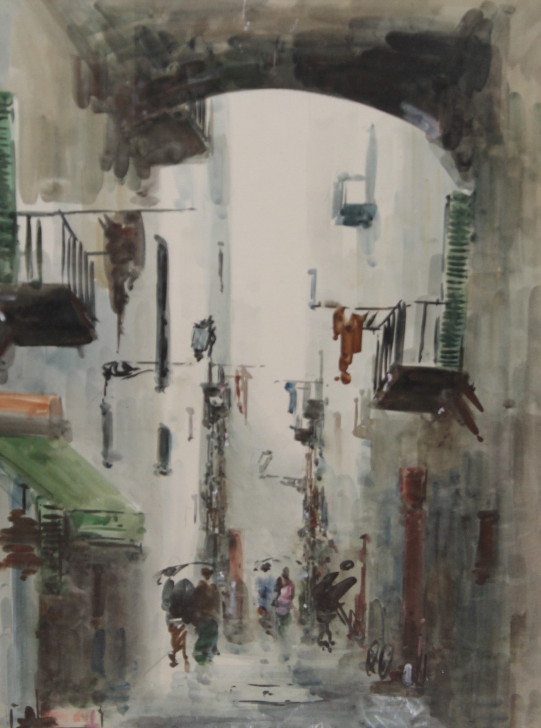 Manner of Edward Seago (1910-1974) A narrow street scene in Barcelona Watercolour Inscribed `