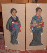 Oriental School Women in traditional dress A pair of paintings on silk, cut and laid on backing