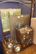 A fireguard, a folding table and a hanging cupboard, table lamps, linen basket, candlestand