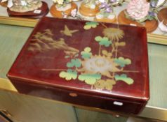 A Victorian work box decorated with parquetry inlaid bands, 25cm, another similar, both containing