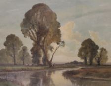 Edwin Harris (1891-1961) A lone figure and cattle by a country river Watercolour Signed lower left