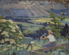 20th Century European School Fieldworkers with scythes oil on Canvas Initialled HC and dated ‘23
