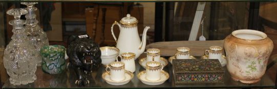 A mixed lot of ceramics, glassware including a Tuscan China coffee set, glass decanters, an Indian