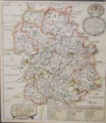 A framed and glazed partially coloured Richard Blome map of Shropshire; approximately 31cm x 27cm,