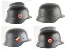 Four Second World War German Steel Helmets, (Re-Finished Post-War), together with a pair of German