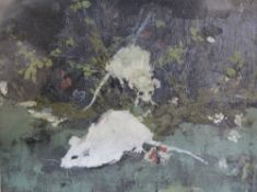 20th Century School Two white mice Oil on canvas 15.5cm x 20.5cm