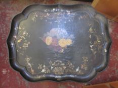 A Victorian papier mache tray painted with flowers, impressed Jennens and Bettridge, London, 59.5