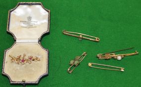 Ruby & seed pearl spray brooch, two stone set bar brooches & two pin brooches etc.