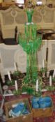 A green cut glass hanging chandelier, 20th century, together with part of turquoise example (a/f)