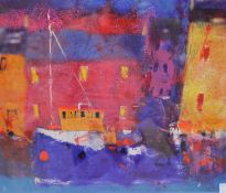 Caroline Bailey (b.1953) `Blue Boat Red House` Mixed media Signed in pencil lower right Titled verso