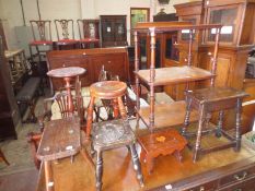 A Victorian three tier whatnot, a tripod table, an oak stool and other stools