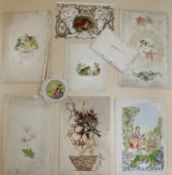 Six Victorian Valentine`s Day cards; together with a similar card, in envelope; and a picture on