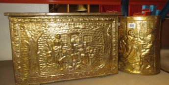 A Dutch repousse work brass coal box, early 20th century, and a similar waste paper bin (2)