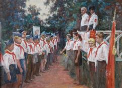 DS Antonina Dolinina (b.1925) Pioneers rally Oil on canvas Signed Dolinina with title on reverse 56