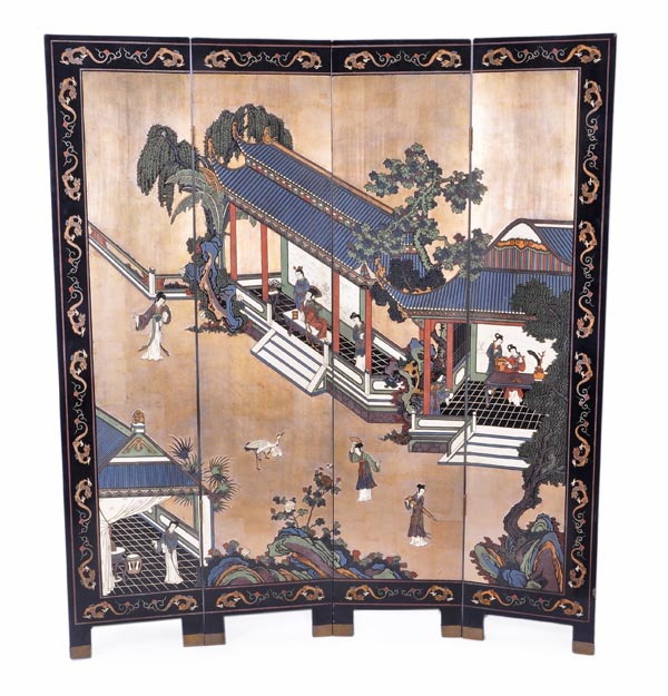 A Chinese export four fold polychrome lacquered and gilt decorated room screen, late 19th/early