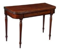 A Regency mahogany tea table, circa 1815, rectangular top with rounded corners, ebony strung,