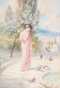 DS Alfred C. Weatherstone (1863-1945) Feeding the doves. Watercolour Signed lower left 33 x 23cm (
