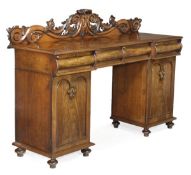 A Victorian mahogany pedestal sideboard, circa 1850, rectangular top with frieze drawers, each